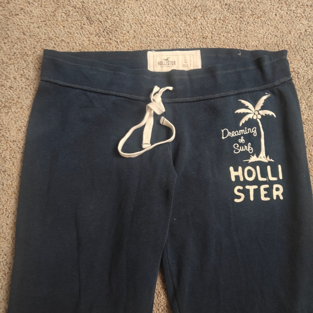 Hollister Women Navy Blue Jogger Sweatpants Dreaming of Surf Palm Tree Logo Sz L - Picture 3 of 14